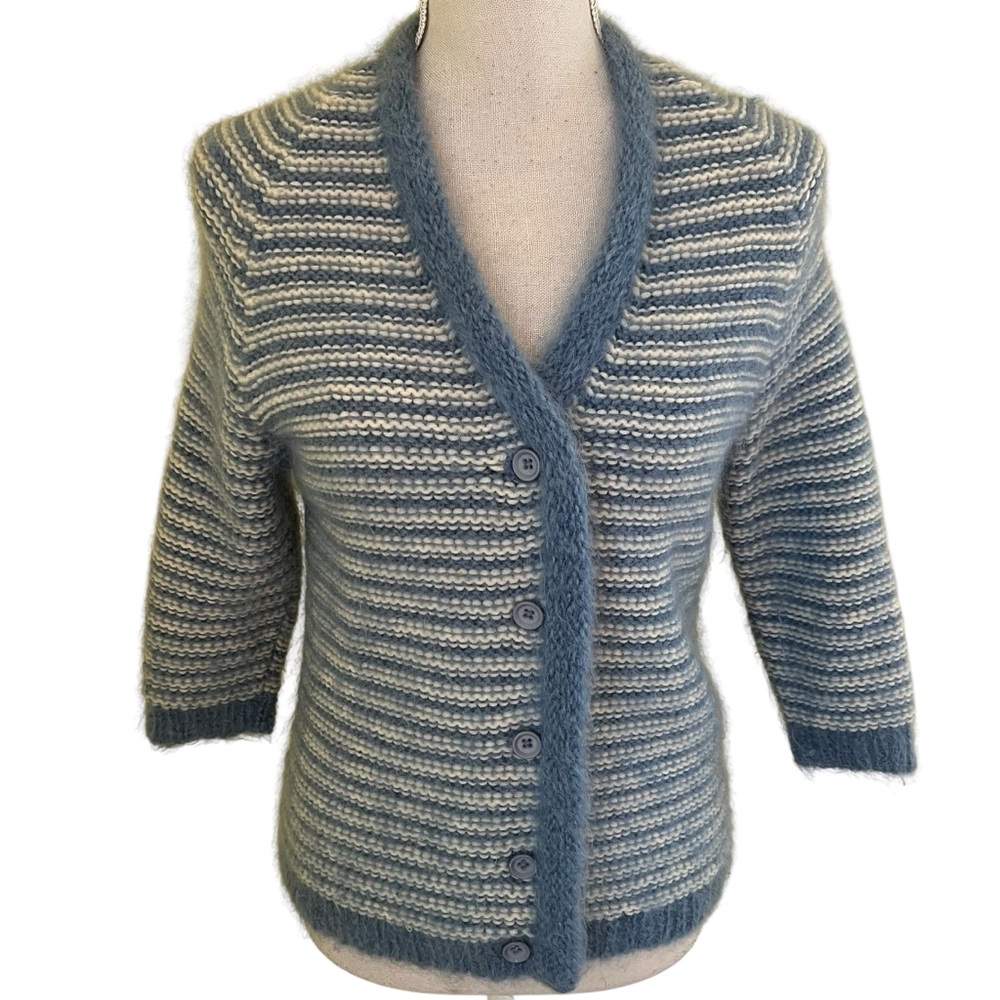 Selma Milano Vintage  Blue and White Striped Wool Cardigan Sweater 10(S)